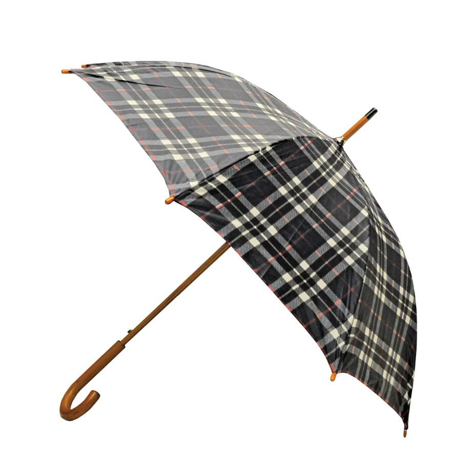 Rainbrella Classic Auto Open Umbrella with Real Wooden Hook Handle, Black Plaid, 46
